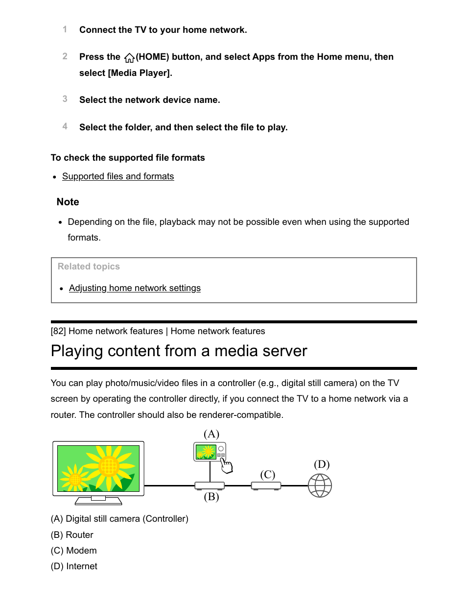Playing content from a media server [82, Playing content from a media server, B) (a) (d) (c) | Sony NPA-MQZ1K Multi Battery Adapter Kit User Manual | Page 100 / 147