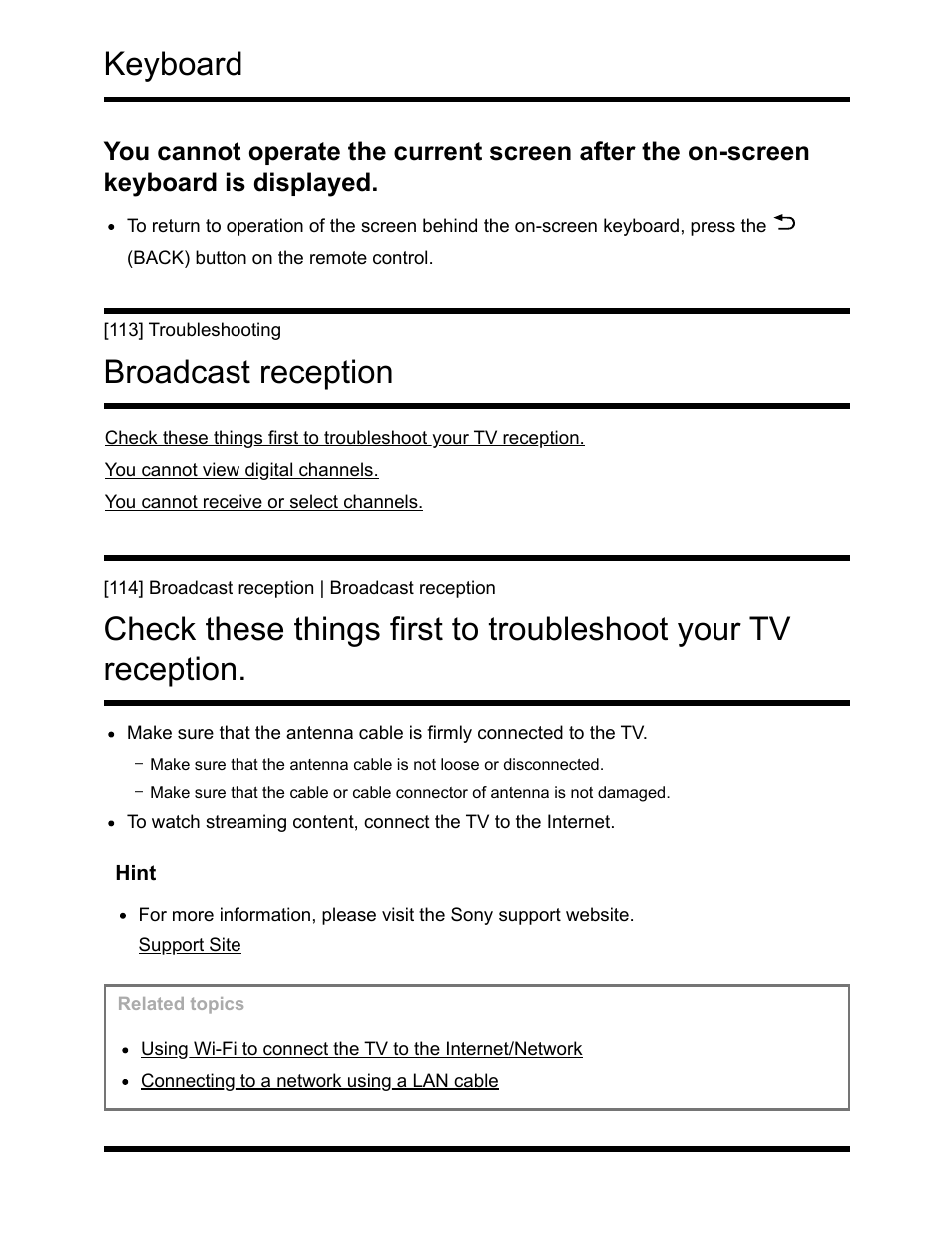 Broadcast reception [113, Keyboard, Broadcast reception | Sony NPA-MQZ1K Multi Battery Adapter Kit User Manual | Page 120 / 147