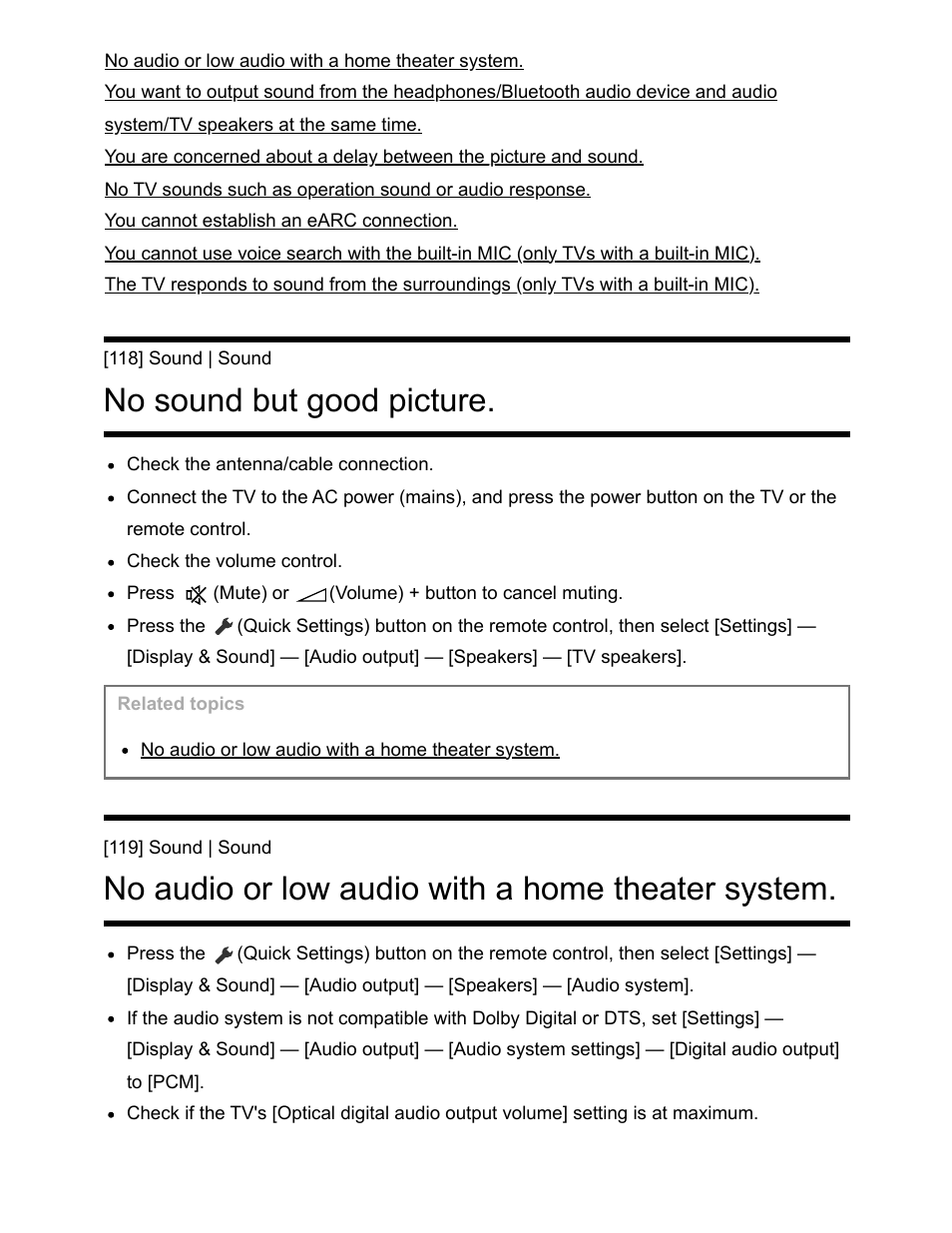 No sound but good picture. [118, No sound but good picture, No audio or low audio with a home theater system | Sony NPA-MQZ1K Multi Battery Adapter Kit User Manual | Page 122 / 147