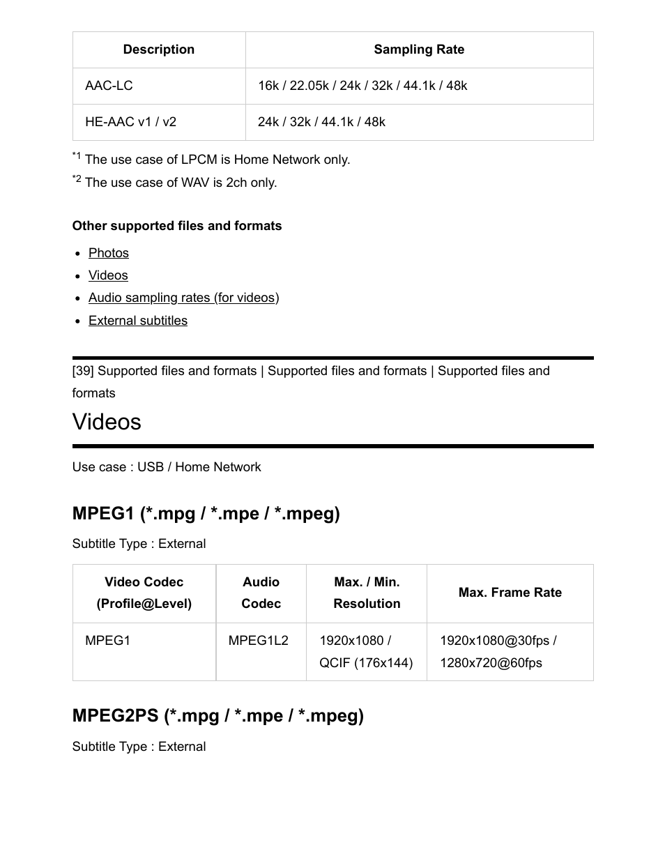 Videos [39, Videos, Mpeg1 (*.mpg / *.mpe / *.mpeg) | Mpeg2ps (*.mpg / *.mpe / *.mpeg) | Sony NPA-MQZ1K Multi Battery Adapter Kit User Manual | Page 53 / 147