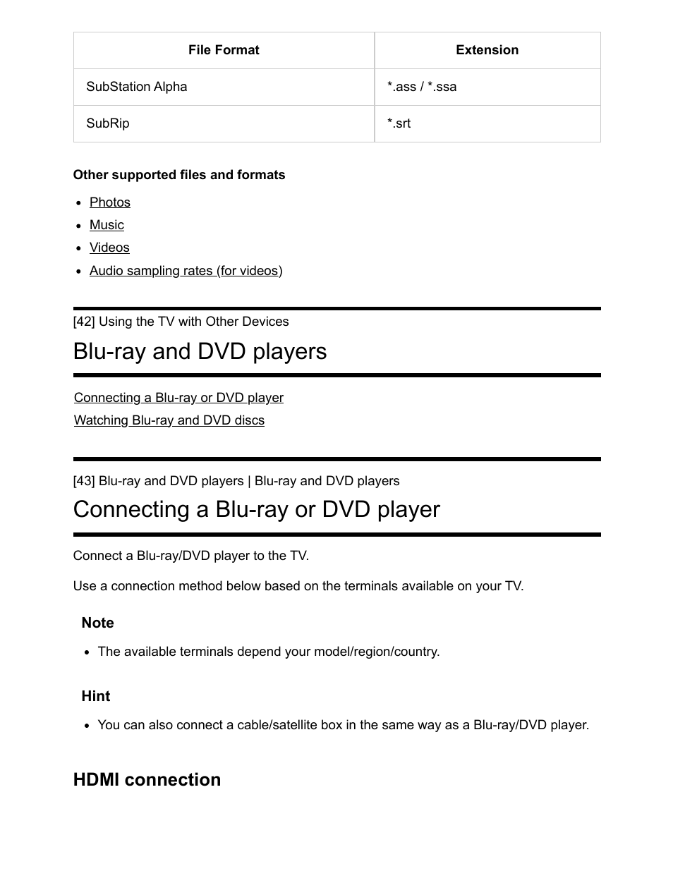 Blu-ray and dvd players [42, Connecting a blu-ray or dvd player [43, Blu-ray and dvd players | Connecting a blu-ray or dvd player, Hdmi connection | Sony NPA-MQZ1K Multi Battery Adapter Kit User Manual | Page 62 / 147