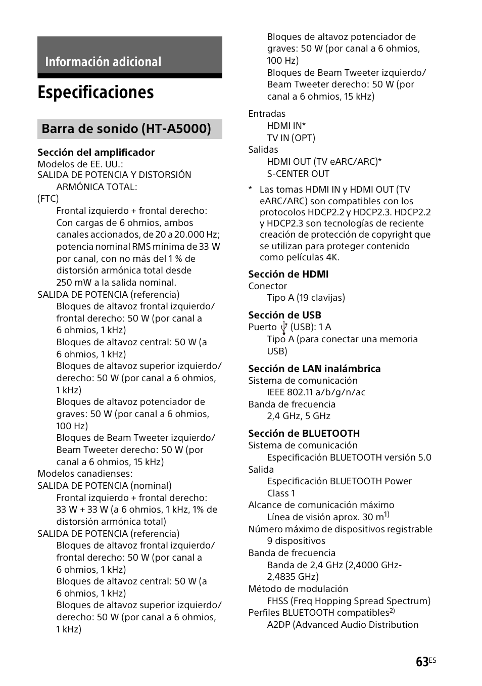 Información adicional, Especificaciones, Barra de sonido (ht-a5000) | Sony UBP-X700M HDR 4K UHD Network Blu-ray Disc Player User Manual | Page 211 / 226