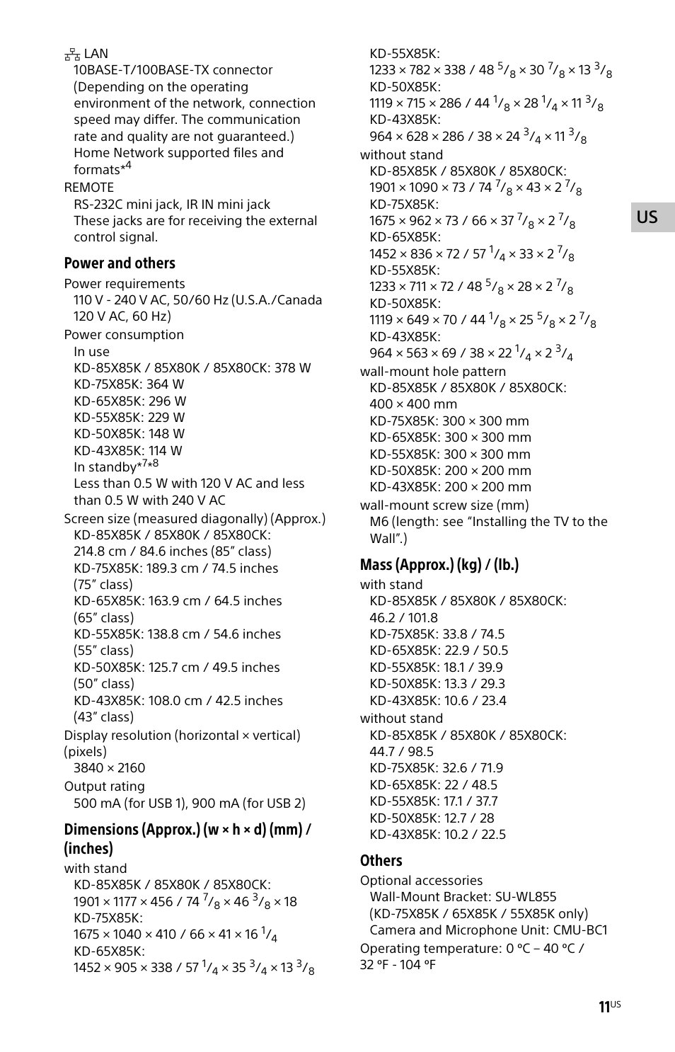 Power and others, Dimensions (approx.) (w × h × d) (mm) / (inches), Mass (approx.) (kg) / (lb.) | Others | Sony BDP-S6700 4K-Upscaling Blu-ray Disc Player with Wi-Fi User Manual | Page 11 / 44
