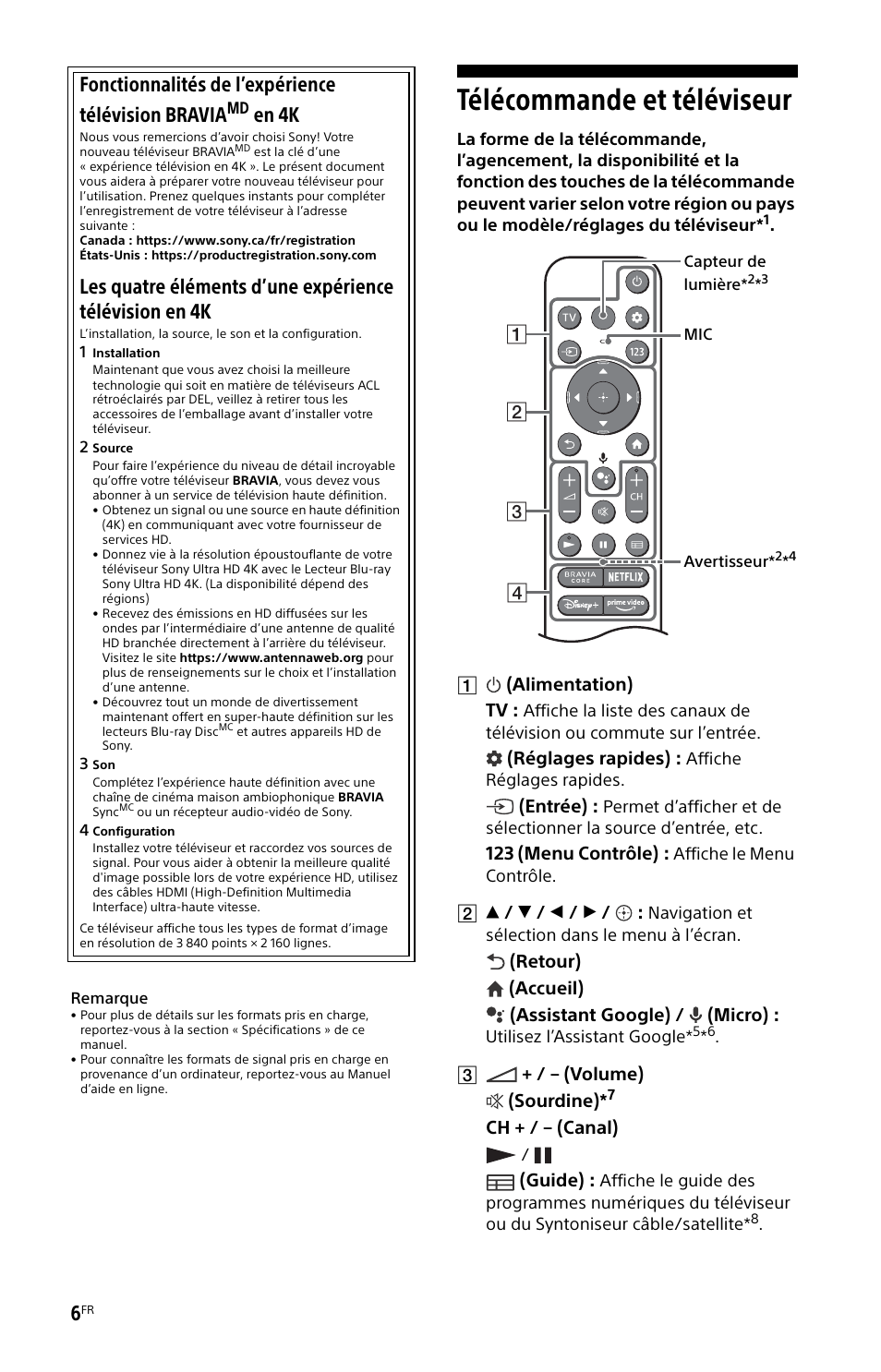Télécommande et téléviseur, Fonctionnalités de l’expérience télévision bravia, En 4k | Sony BDP-S6700 4K-Upscaling Blu-ray Disc Player with Wi-Fi User Manual | Page 18 / 44
