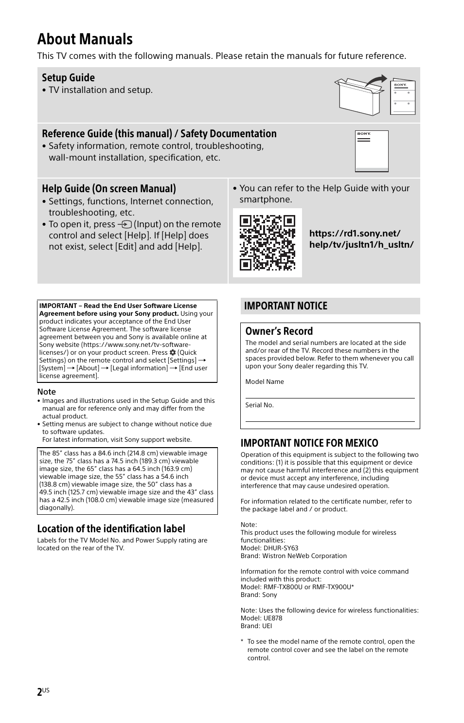 About manuals, Important notice, Location of the identification label | Important notice for mexico, Setup guide, Help guide (on screen manual), Important notice owner’s record | Sony BDP-S6700 4K-Upscaling Blu-ray Disc Player with Wi-Fi User Manual | Page 2 / 44