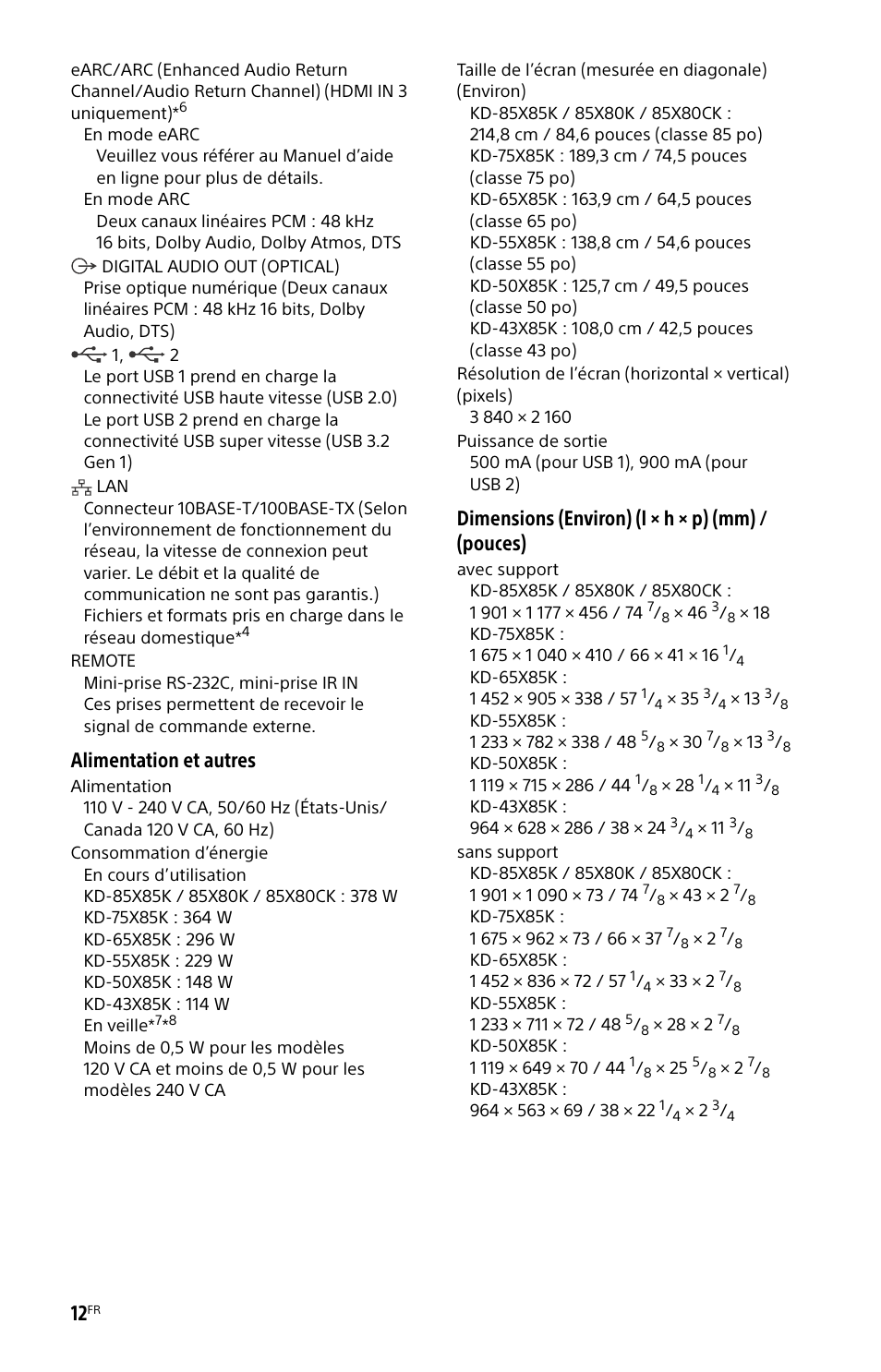 Alimentation et autres, Dimensions (environ) (l × h × p) (mm) / (pouces) | Sony BDP-S6700 4K-Upscaling Blu-ray Disc Player with Wi-Fi User Manual | Page 24 / 44