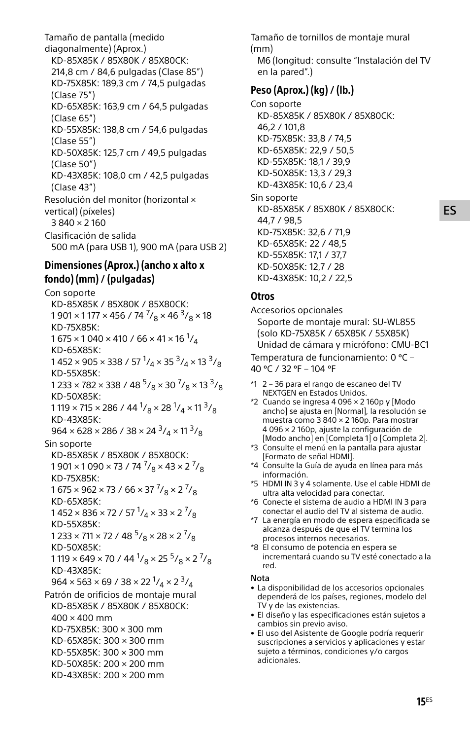 Peso (aprox.) (kg) / (lb.), Otros | Sony BDP-S6700 4K-Upscaling Blu-ray Disc Player with Wi-Fi User Manual | Page 39 / 44