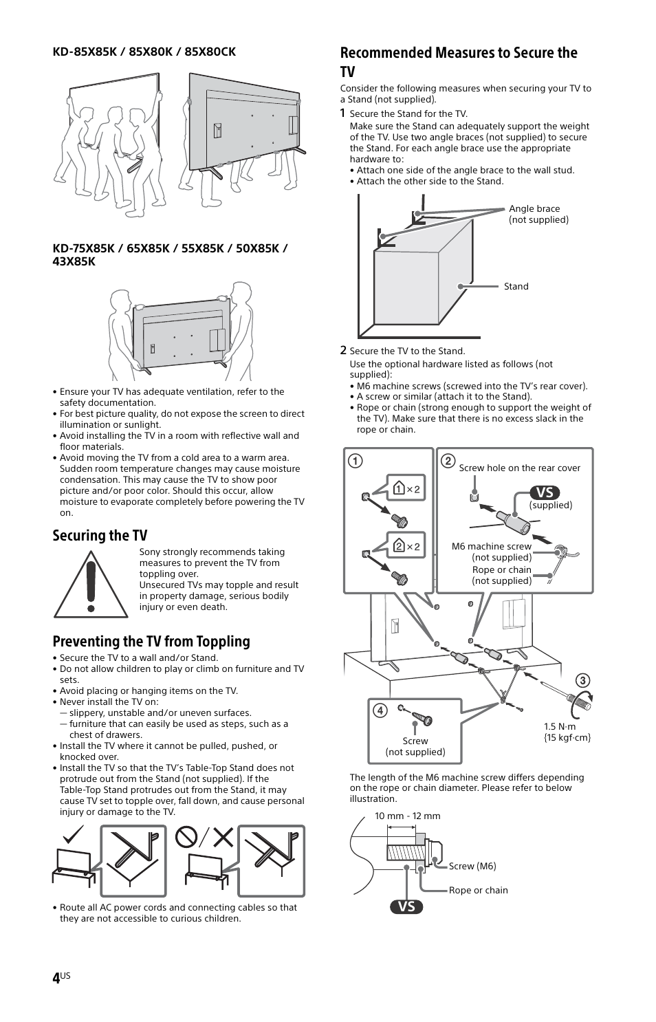 Securing the tv, Preventing the tv from toppling, Recommended measures to secure the tv | Sony BDP-S6700 4K-Upscaling Blu-ray Disc Player with Wi-Fi User Manual | Page 4 / 44