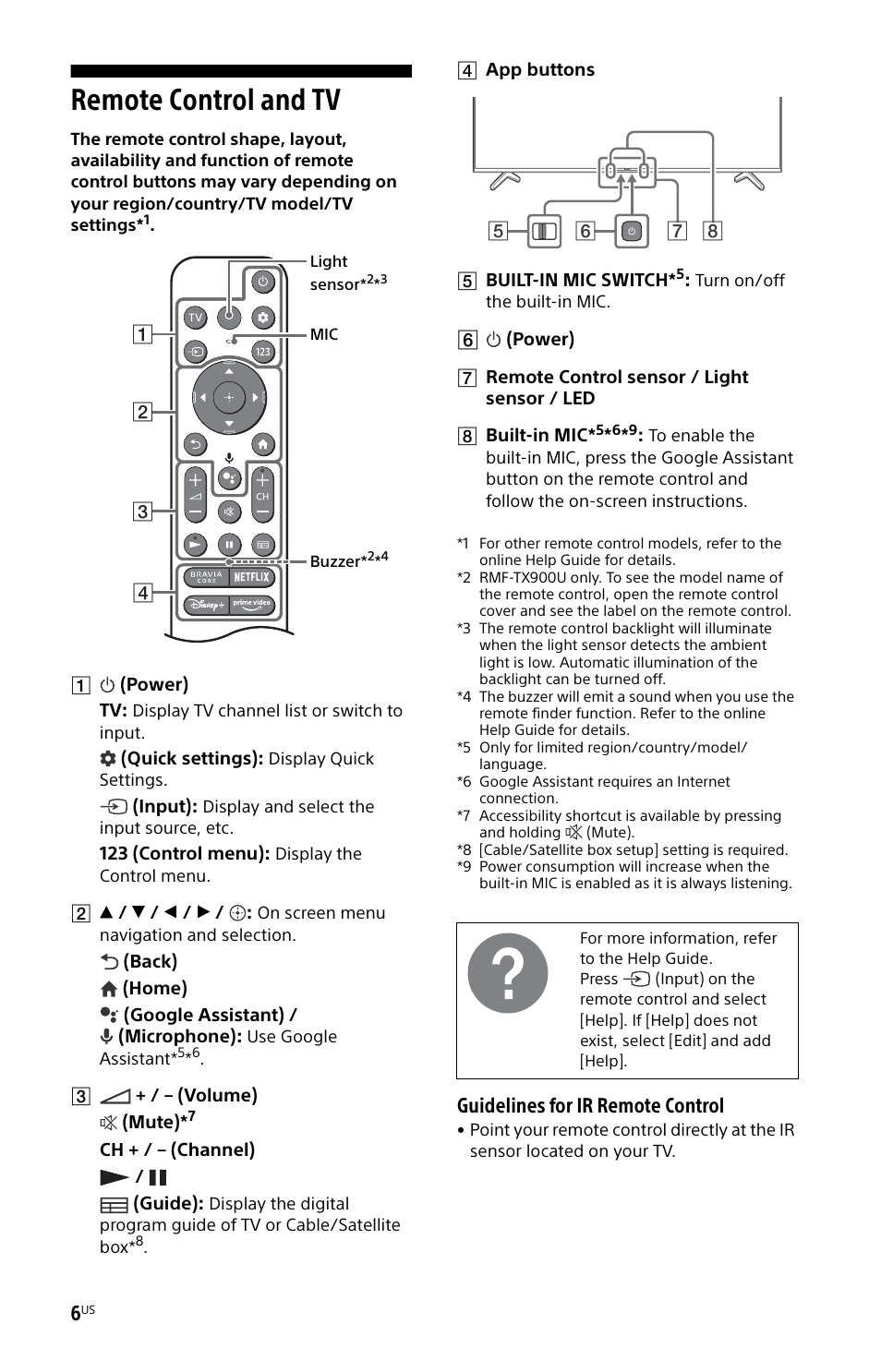 Remote control and tv, Guidelines for ir remote control | Sony BDP-S6700 4K-Upscaling Blu-ray Disc Player with Wi-Fi User Manual | Page 6 / 44