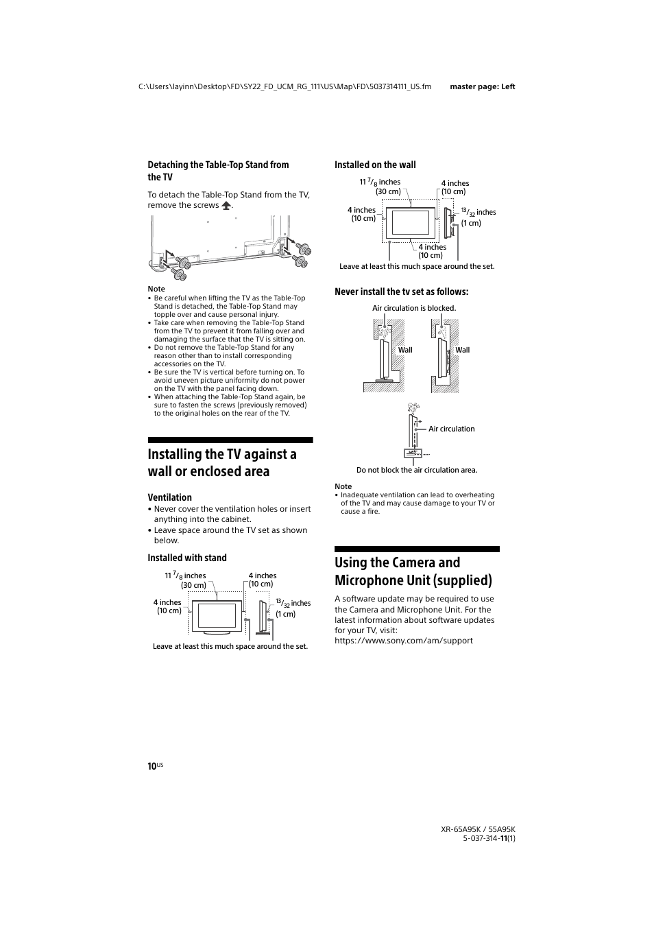 Installing the tv against a wall or enclosed area, Using the camera and microphone unit (supplied), Detaching the table-top stand from the tv | Ventilation | Sony Xperia PRO 5G Smartphone User Manual | Page 10 / 48