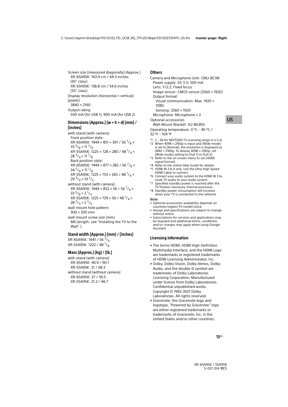 Dimensions (approx.) (w × h × d) (mm) / (inches), Stand width (approx.) (mm) / (inches), Mass (approx.) (kg) / (lb.) | Others, Licensing information | Sony Xperia PRO 5G Smartphone User Manual | Page 13 / 48