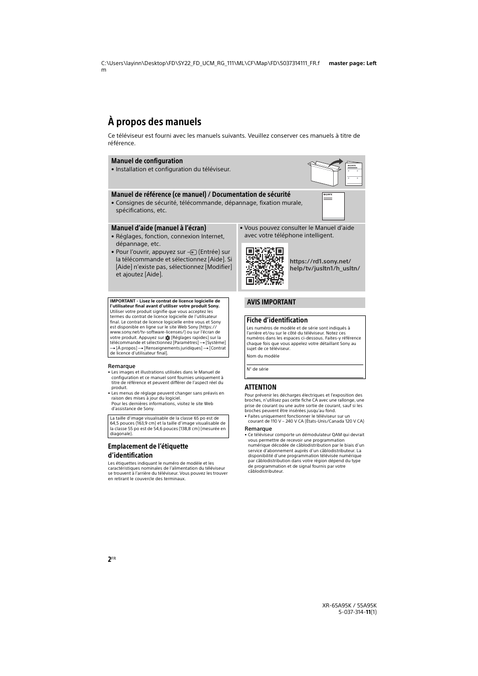 À propos des manuels, Avis important, Emplacement de l’étiquette d’identification | Attention, Manuel de configuration, Manuel d’aide (manuel à l’écran), Avis important fiche d’identification | Sony Xperia PRO 5G Smartphone User Manual | Page 16 / 48