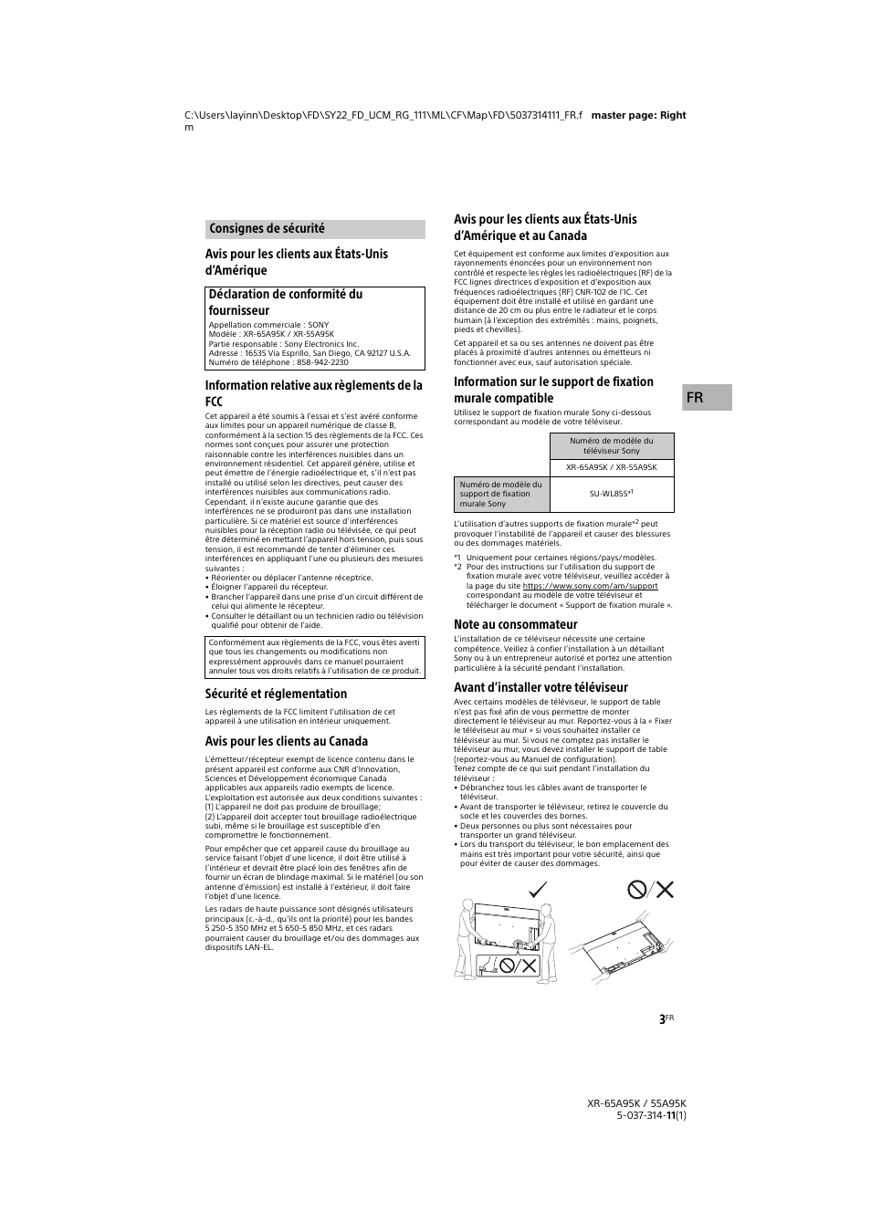 Consignes de sécurité, Sécurité et réglementation, Avis pour les clients au canada | Avant d’installer votre téléviseur | Sony Xperia PRO 5G Smartphone User Manual | Page 17 / 48