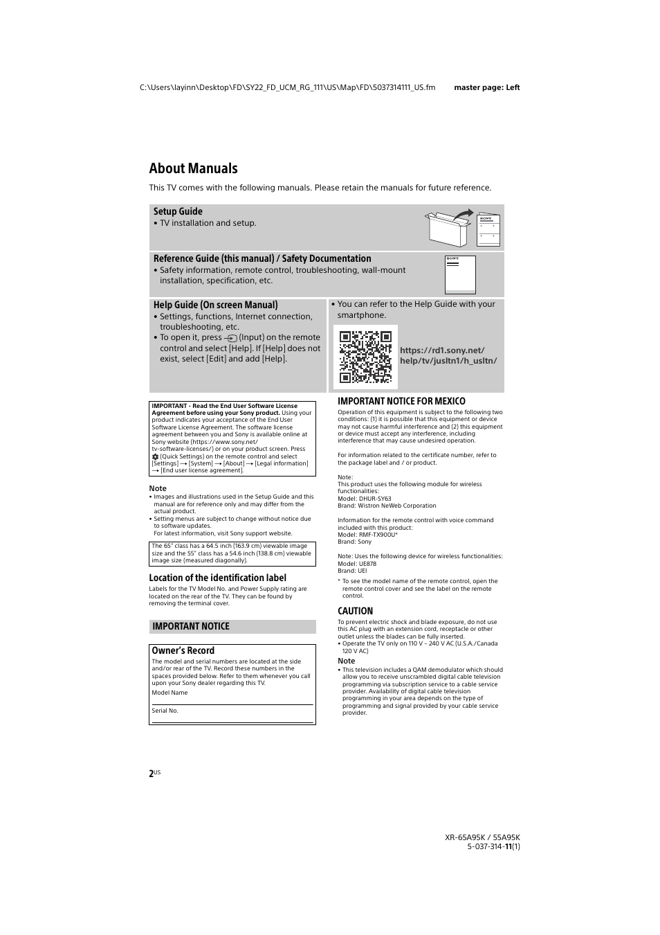 About manuals, Important notice, Location of the identification label | Important notice for mexico, Caution, Setup guide, Help guide (on screen manual), Important notice owner’s record | Sony Xperia PRO 5G Smartphone User Manual | Page 2 / 48