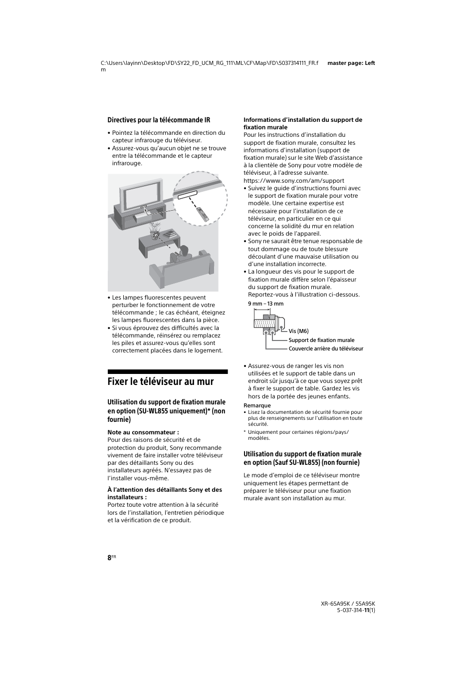 Fixer le téléviseur au mur, Directives pour la télécommande ir | Sony Xperia PRO 5G Smartphone User Manual | Page 22 / 48