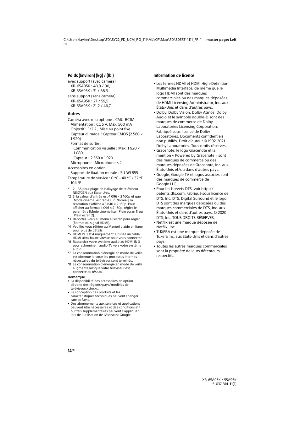 Poids (environ) (kg) / (lb.), Autres, Information de licence | Sony Xperia PRO 5G Smartphone User Manual | Page 28 / 48