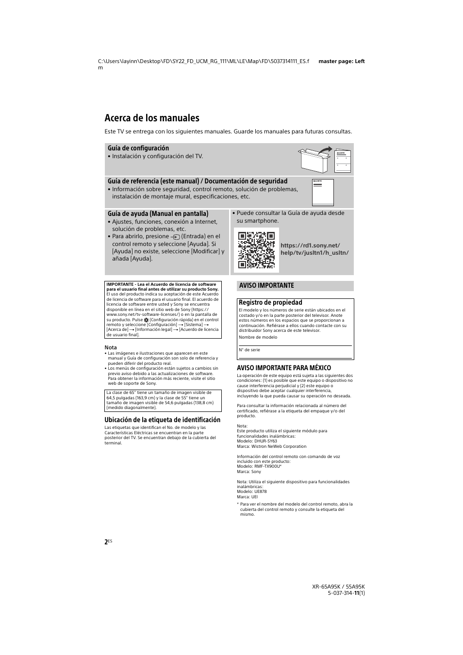 Acerca de los manuales, Aviso importante, Ubicación de la etiqueta de identificación | Aviso importante para méxico, Guía de configuración, Guía de ayuda (manual en pantalla), Aviso importante registro de propiedad | Sony Xperia PRO 5G Smartphone User Manual | Page 30 / 48