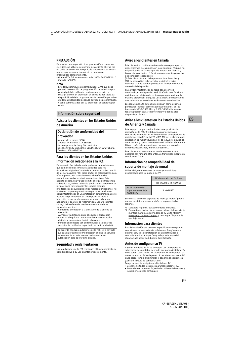Información sobre seguridad, Precaución, Seguridad y reglamentación | Aviso a los clientes en canadá, Información para clientes, Antes de configurar su tv | Sony Xperia PRO 5G Smartphone User Manual | Page 31 / 48