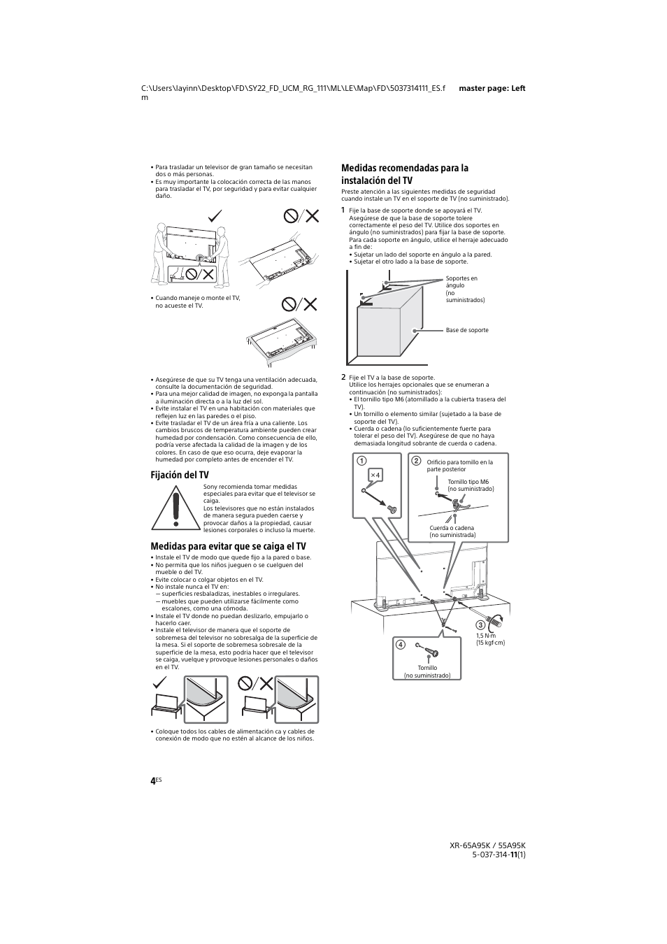 Medidas recomendadas para la instalación del tv | Sony Xperia PRO 5G Smartphone User Manual | Page 32 / 48