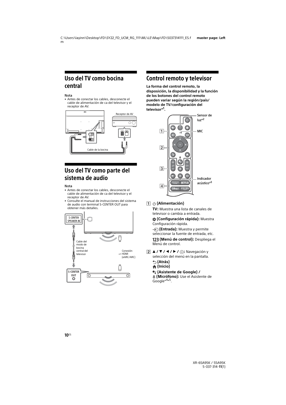 Uso del tv como bocina central, Uso del tv como parte del sistema de audio, Control remoto y televisor | Sony Xperia PRO 5G Smartphone User Manual | Page 38 / 48