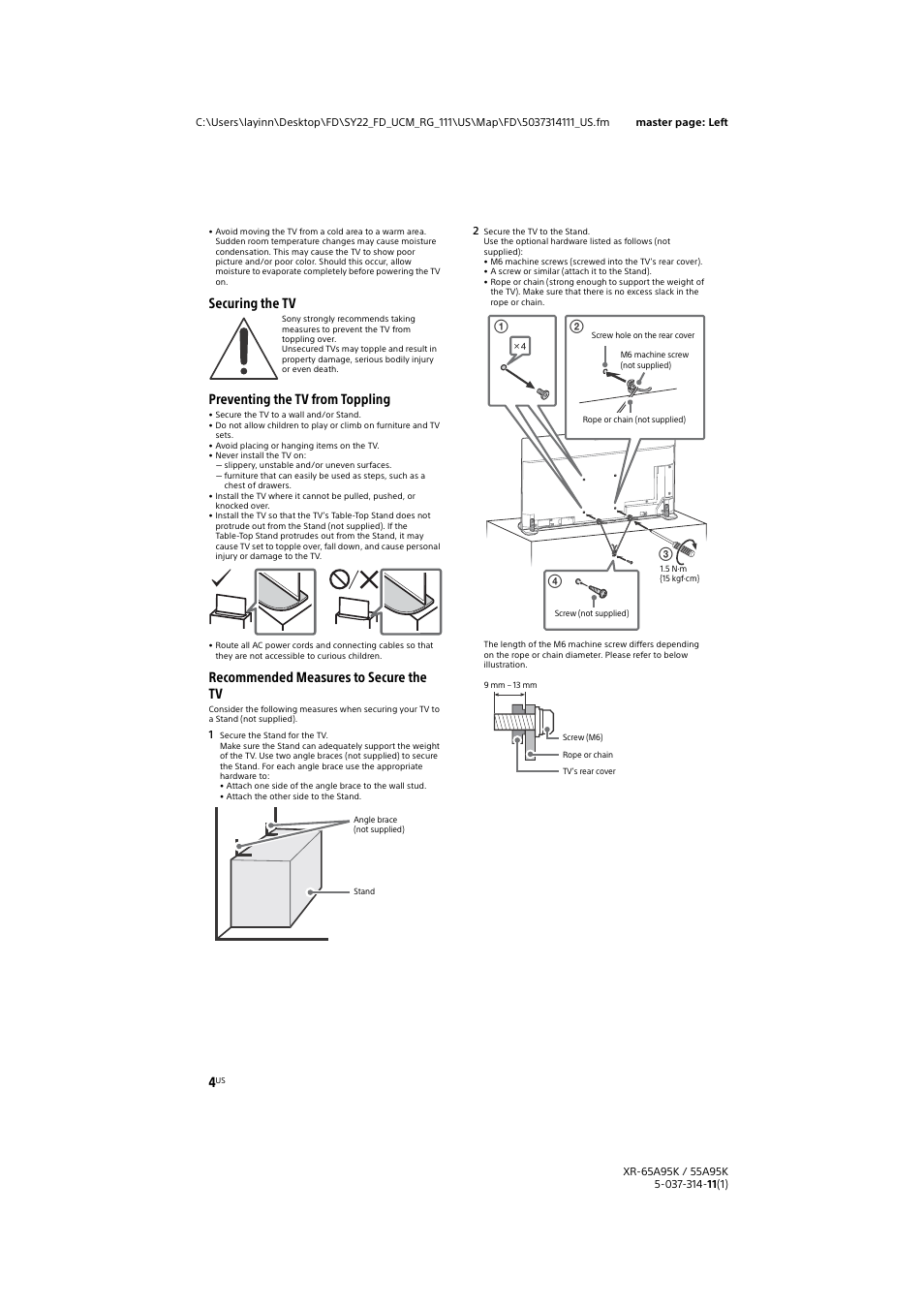 Securing the tv preventing the tv from toppling, Recommended measures to secure the tv | Sony Xperia PRO 5G Smartphone User Manual | Page 4 / 48