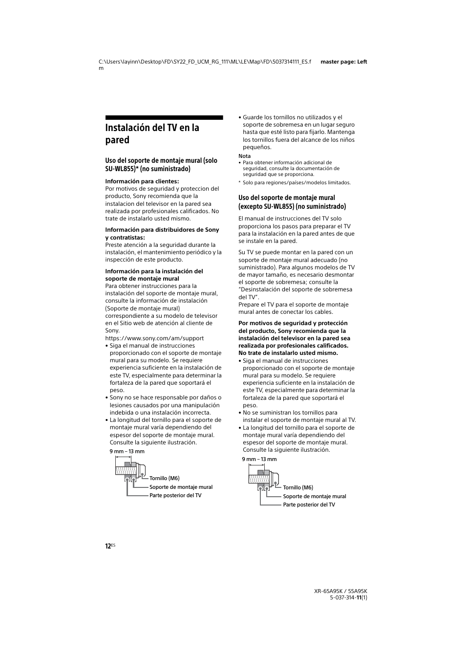 Instalación del tv en la pared | Sony Xperia PRO 5G Smartphone User Manual | Page 40 / 48