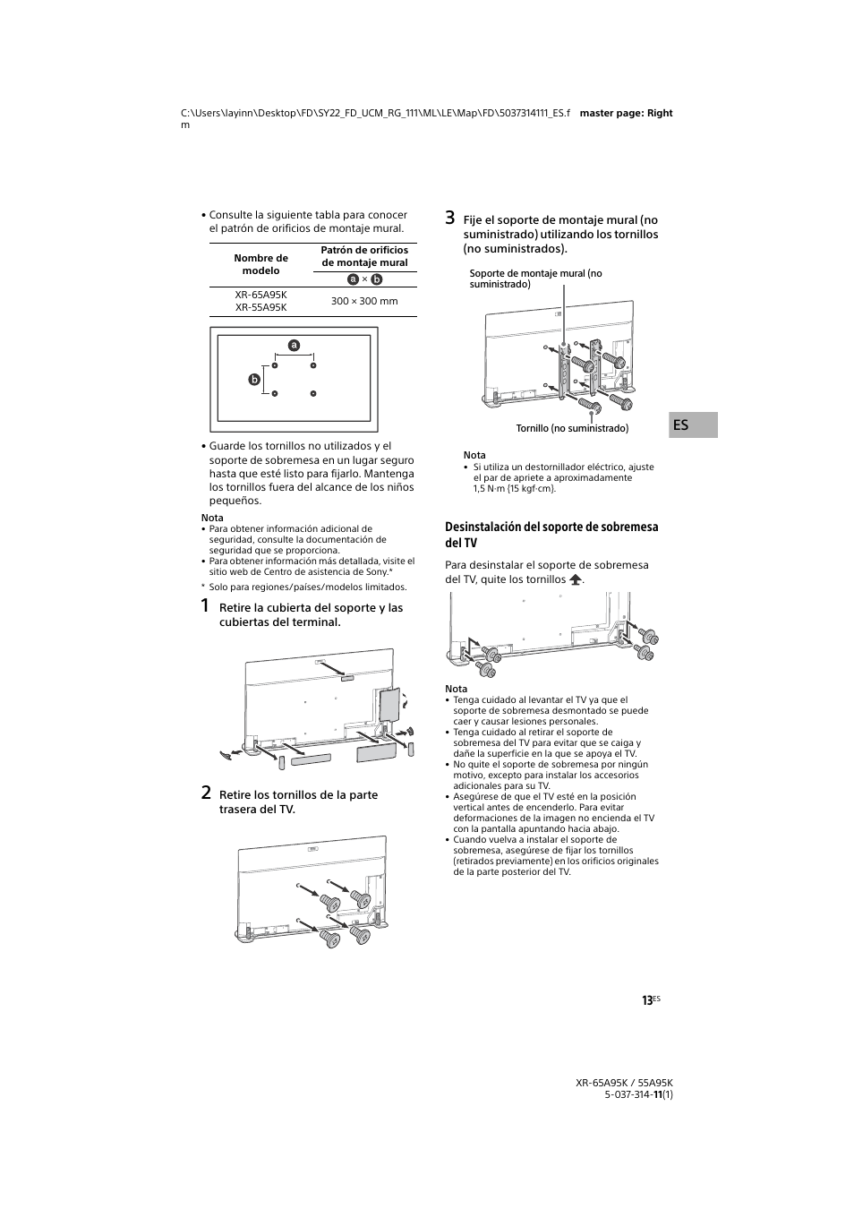 Desinstalación del soporte de sobremesa del tv | Sony Xperia PRO 5G Smartphone User Manual | Page 41 / 48