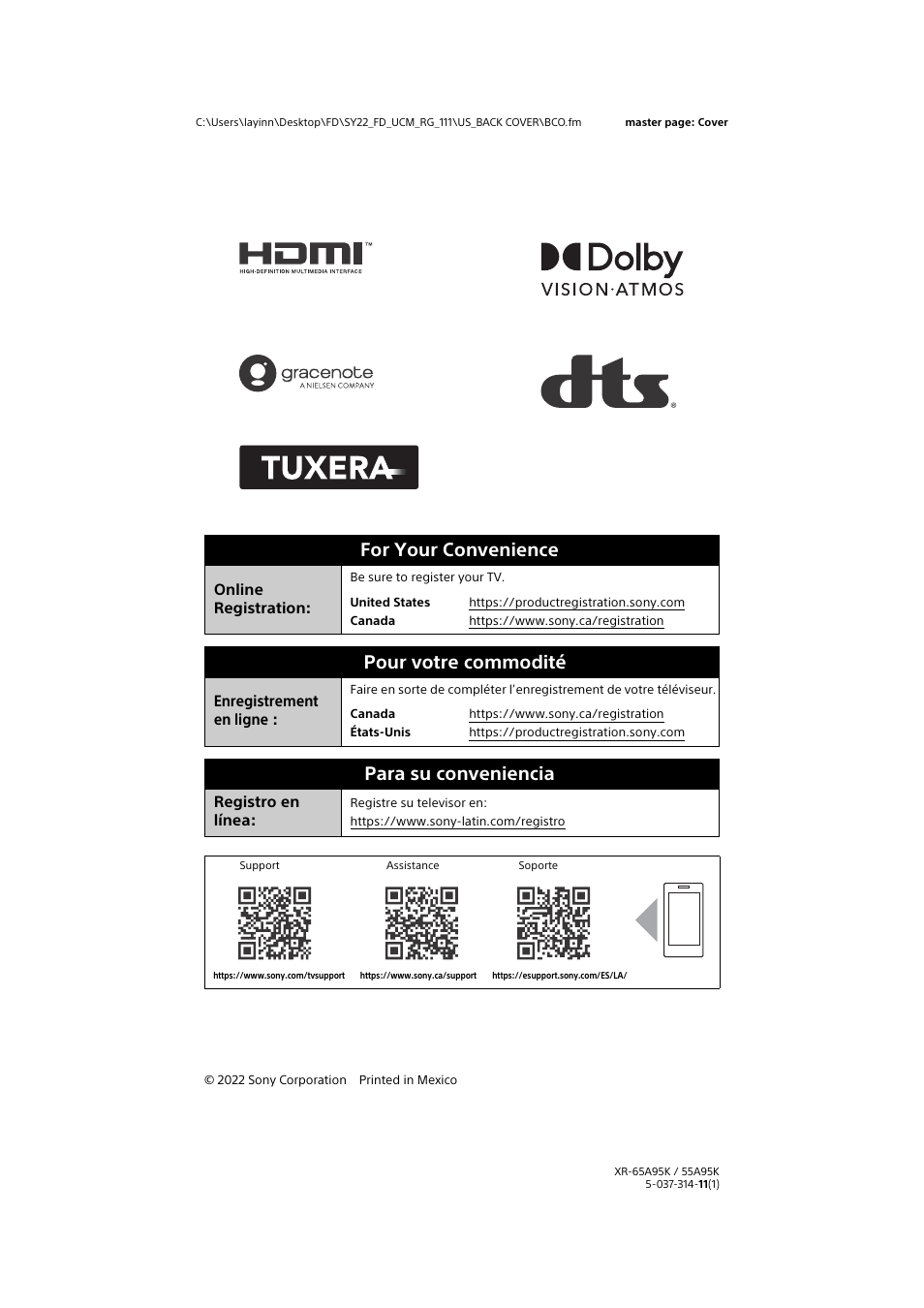 For your convenience, Pour votre commodité, Para su conveniencia | Online registration, Enregistrement en ligne, Registro en línea | Sony Xperia PRO 5G Smartphone User Manual | Page 48 / 48