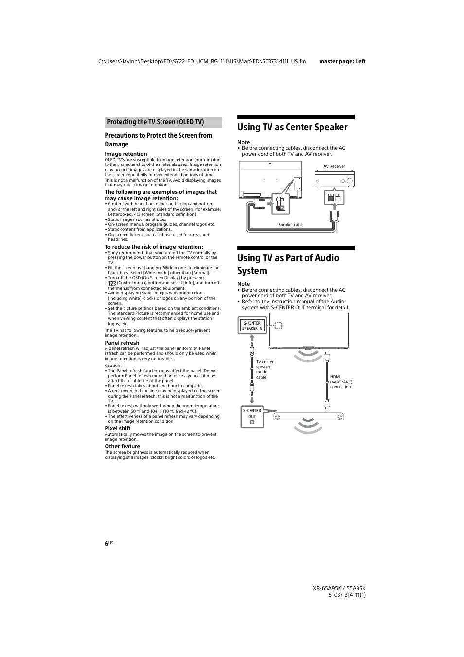 Protecting the tv screen (oled tv), Using tv as center speaker, Using tv as part of audio system | Precautions to protect the screen from damage | Sony Xperia PRO 5G Smartphone User Manual | Page 6 / 48