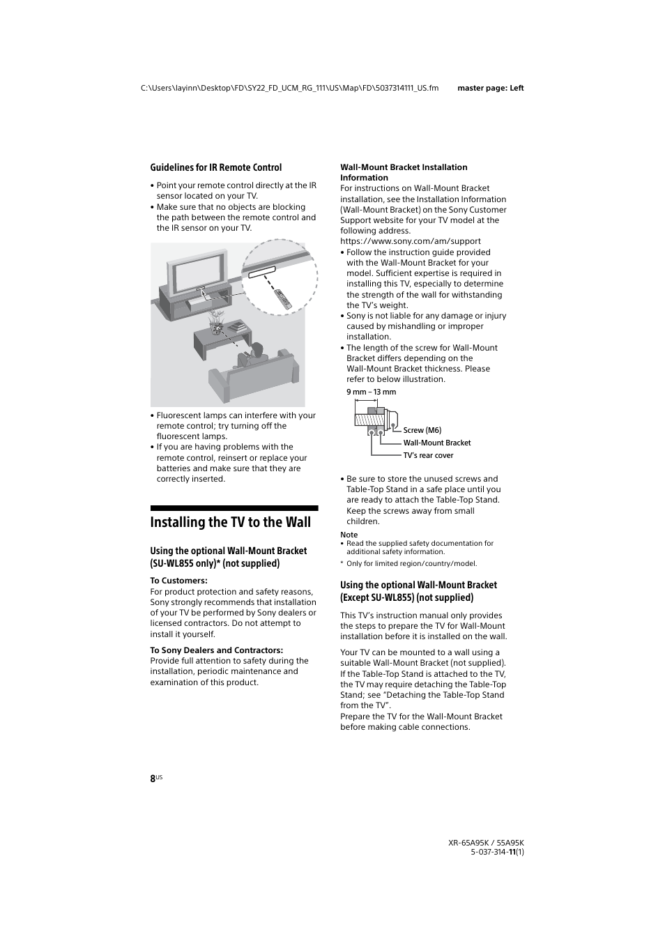 Installing the tv to the wall, Guidelines for ir remote control | Sony Xperia PRO 5G Smartphone User Manual | Page 8 / 48