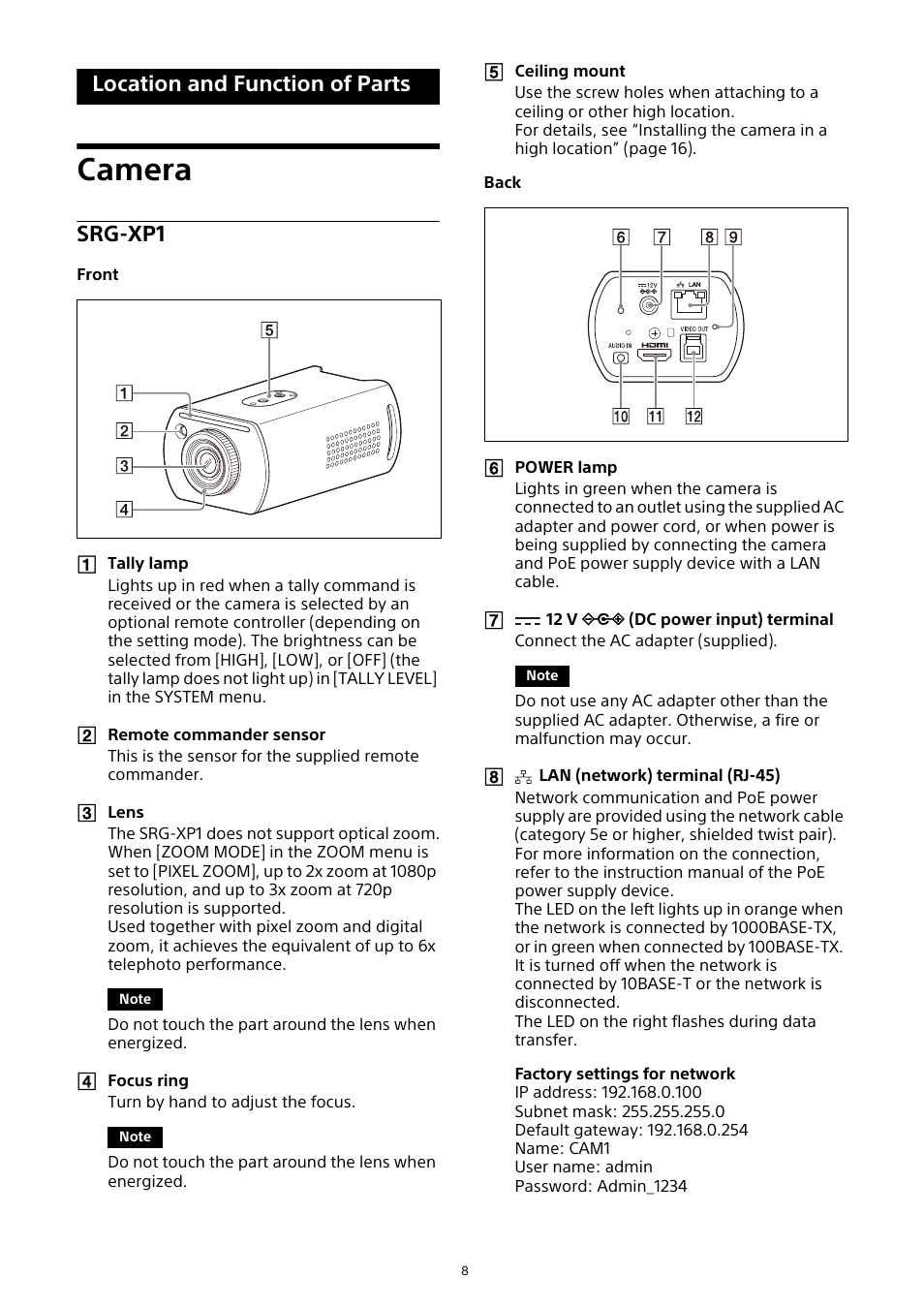 Location and function of parts, Camera, Srg-xp1 | Sony HDVF-EL30 0.7" FHD OLED Viewfinder with 3.5" Display for 4K/HD Cameras User Manual | Page 8 / 73