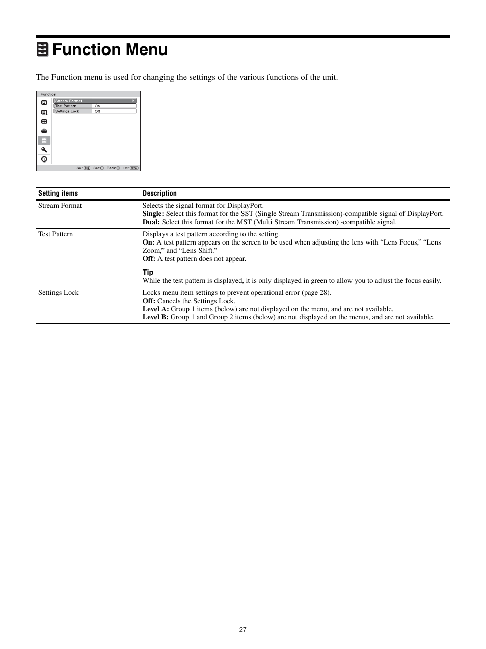 Function menu | Sony All-in-One PXW-Z280 Camera Transport Kit with Accessories User Manual | Page 27 / 49