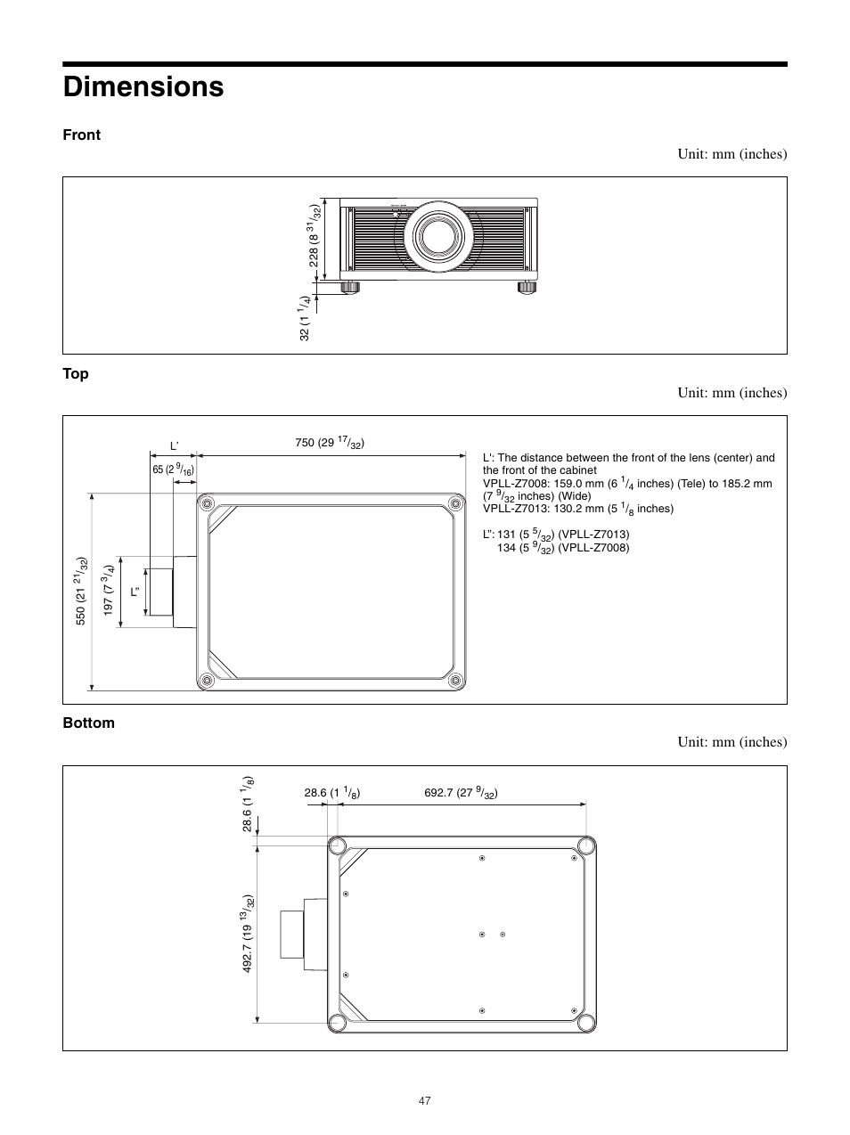 Dimensions | Sony All-in-One PXW-Z280 Camera Transport Kit with Accessories User Manual | Page 47 / 49