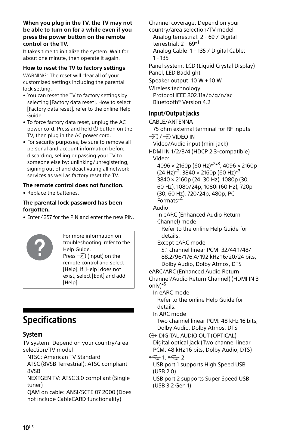 Specifications, System, Input/output jacks | Sony BZ30L Series 65" UHD 4K HDR Commercial Monitor User Manual | Page 10 / 40