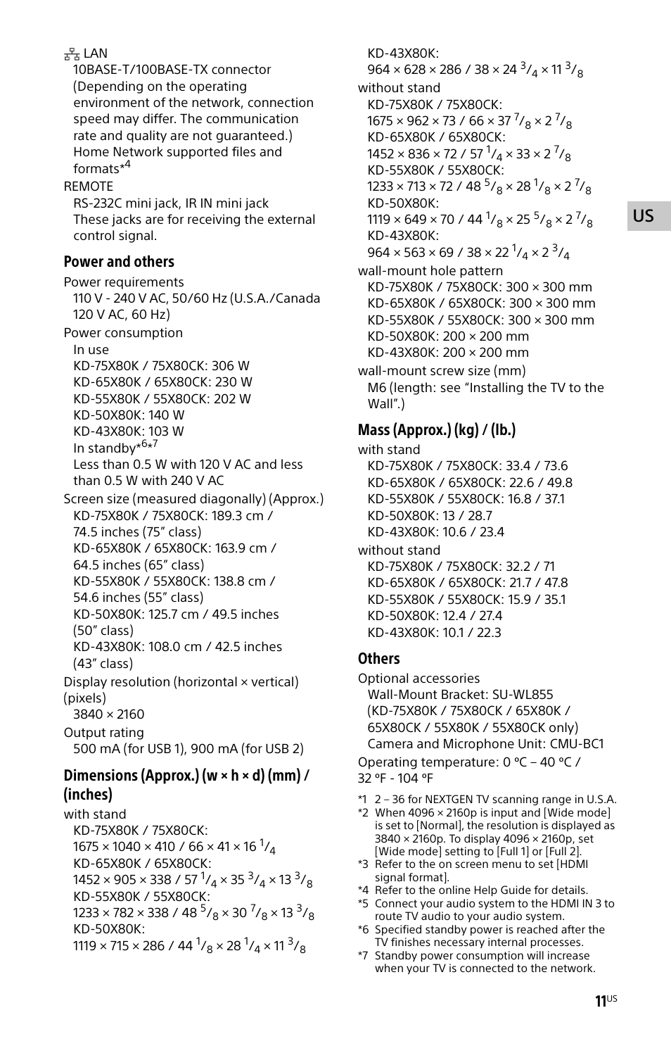 Power and others, Dimensions (approx.) (w × h × d) (mm) / (inches), Mass (approx.) (kg) / (lb.) | Others | Sony BZ30L Series 65" UHD 4K HDR Commercial Monitor User Manual | Page 11 / 40