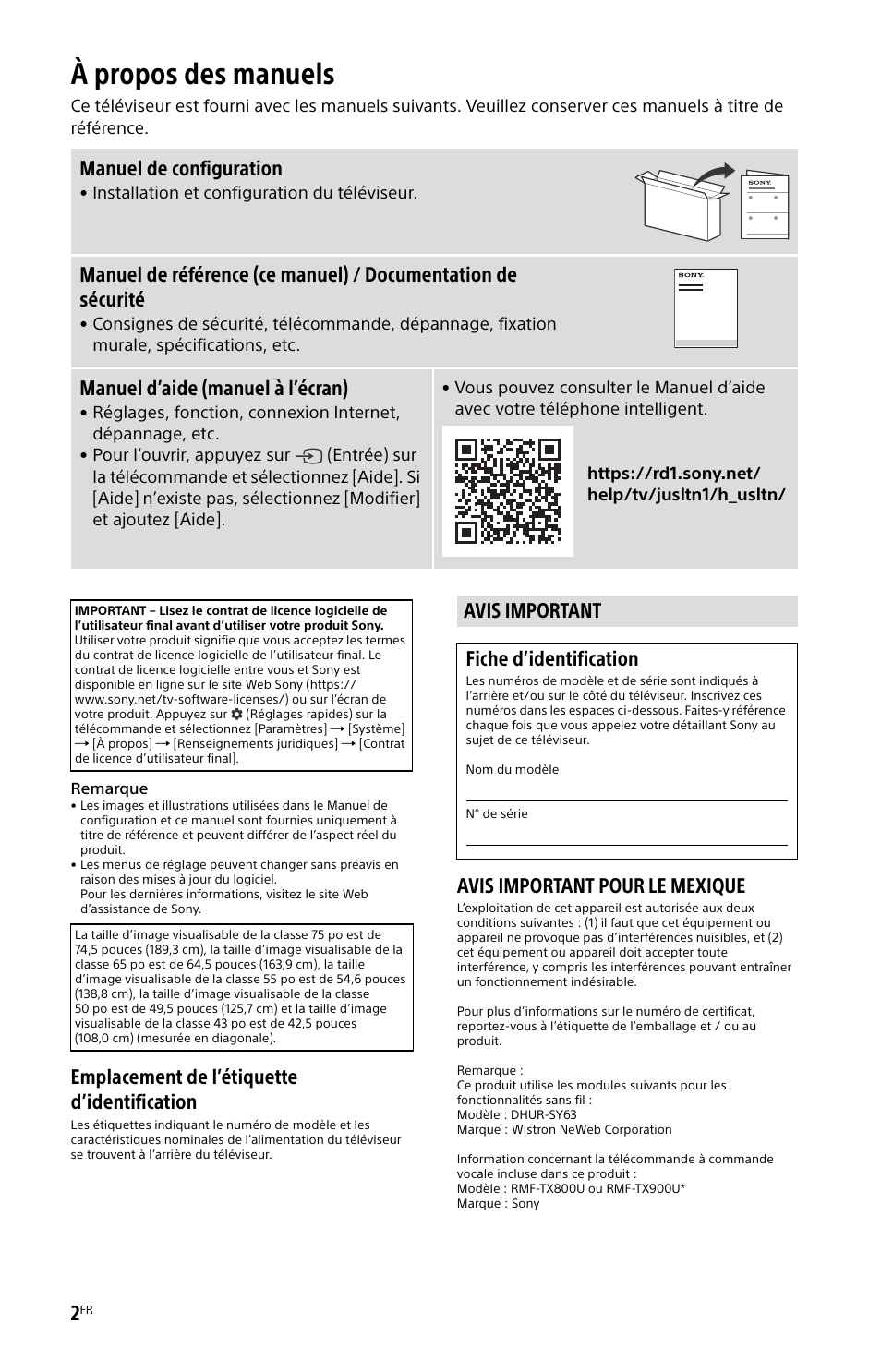 À propos des manuels, Avis important, Emplacement de l’étiquette d’identification | Avis important pour le mexique, Manuel de configuration, Manuel d’aide (manuel à l’écran), Avis important fiche d’identification | Sony BZ30L Series 65" UHD 4K HDR Commercial Monitor User Manual | Page 14 / 40