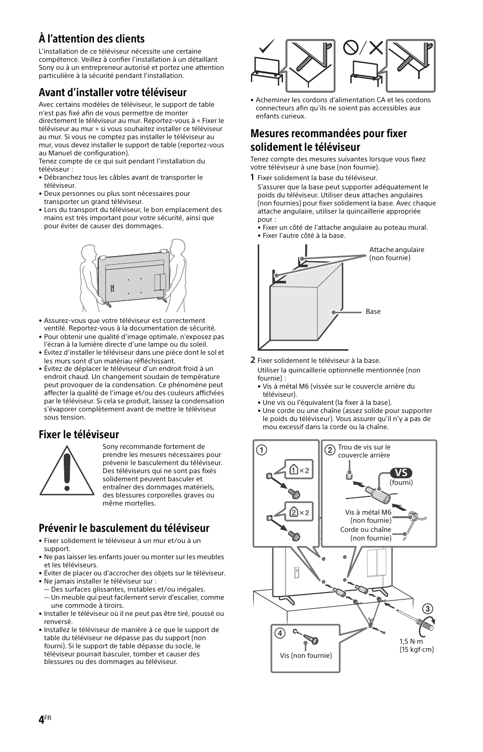 À l’attention des clients, Avant d’installer votre téléviseur, Fixer le téléviseur | Prévenir le basculement du téléviseur | Sony BZ30L Series 65" UHD 4K HDR Commercial Monitor User Manual | Page 16 / 40