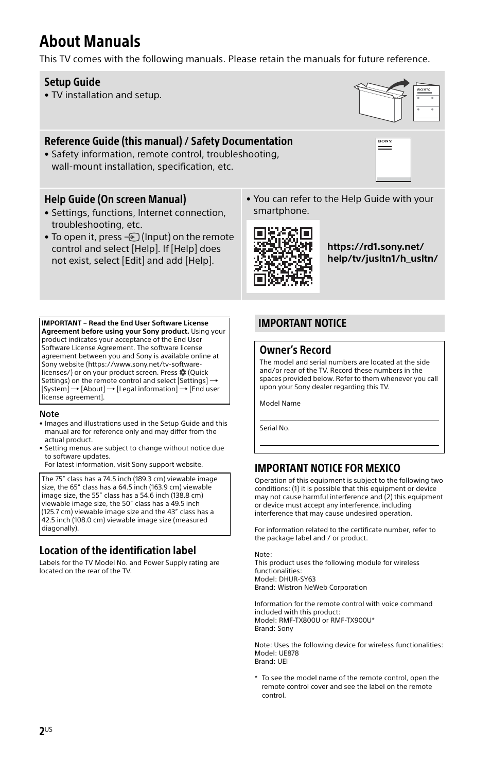 About manuals, Important notice, Location of the identification label | Important notice for mexico, Setup guide, Help guide (on screen manual), Important notice owner’s record | Sony BZ30L Series 65" UHD 4K HDR Commercial Monitor User Manual | Page 2 / 40