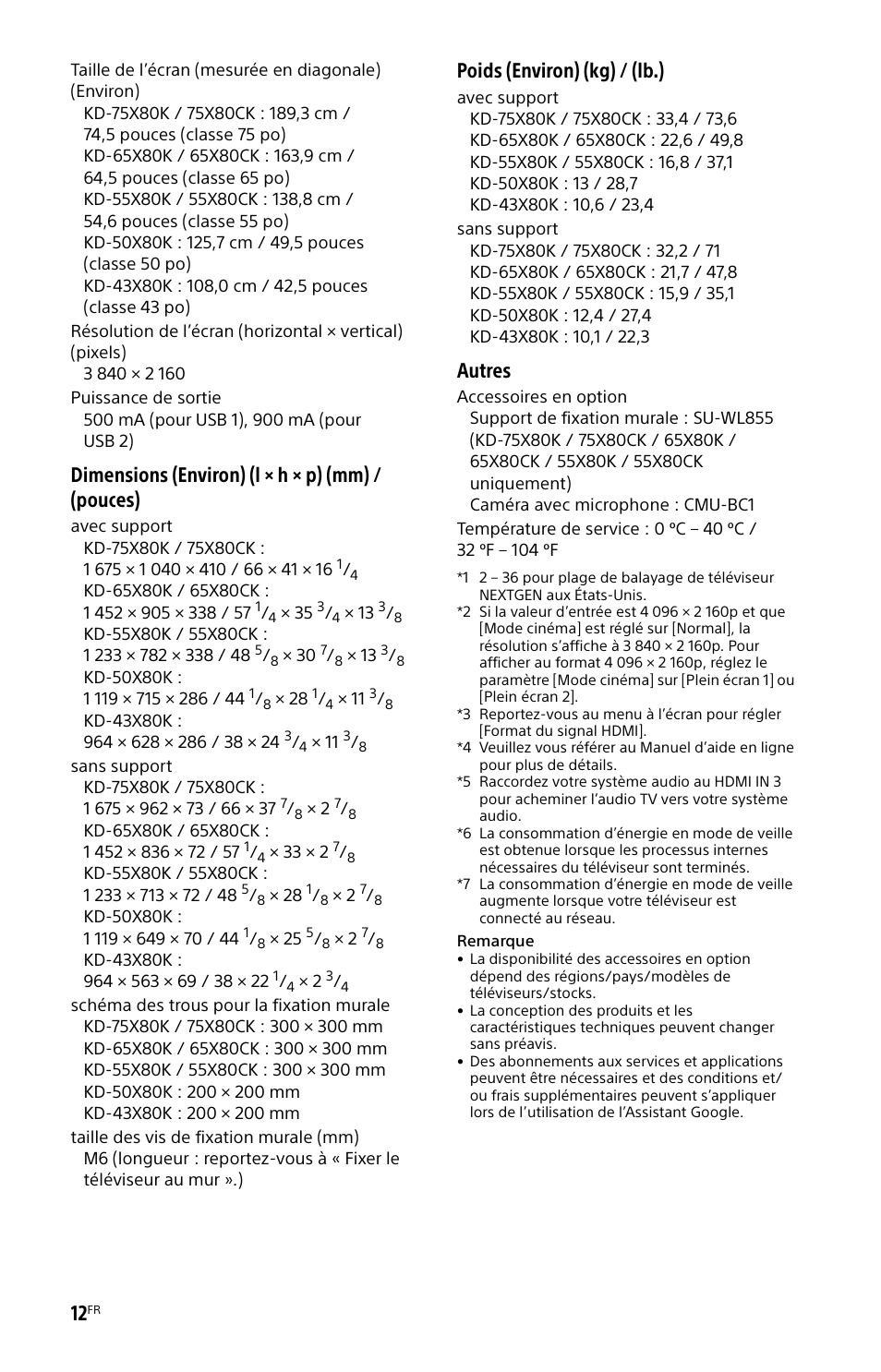 Dimensions (environ) (l × h × p) (mm) / (pouces), Poids (environ) (kg) / (lb.), Autres | Sony BZ30L Series 65" UHD 4K HDR Commercial Monitor User Manual | Page 24 / 40
