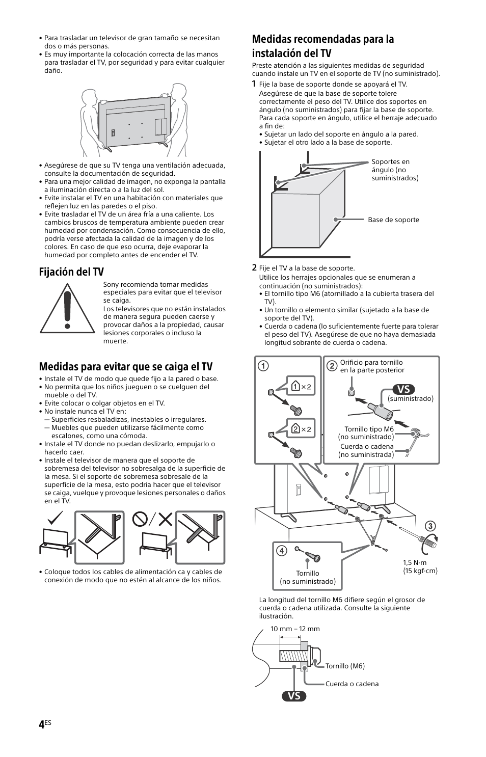 Fijación del tv, Medidas para evitar que se caiga el tv, Medidas recomendadas para la instalación del tv | Sony BZ30L Series 65" UHD 4K HDR Commercial Monitor User Manual | Page 28 / 40