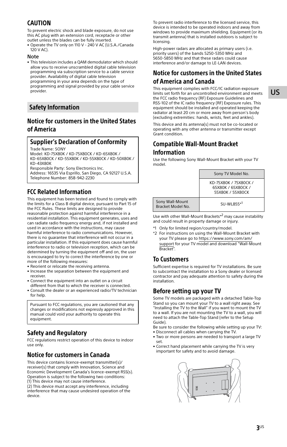 Safety information, Caution, Safety and regulatory | Notice for customers in canada, Compatible wall-mount bracket information, Before setting up your tv | Sony BZ30L Series 65" UHD 4K HDR Commercial Monitor User Manual | Page 3 / 40