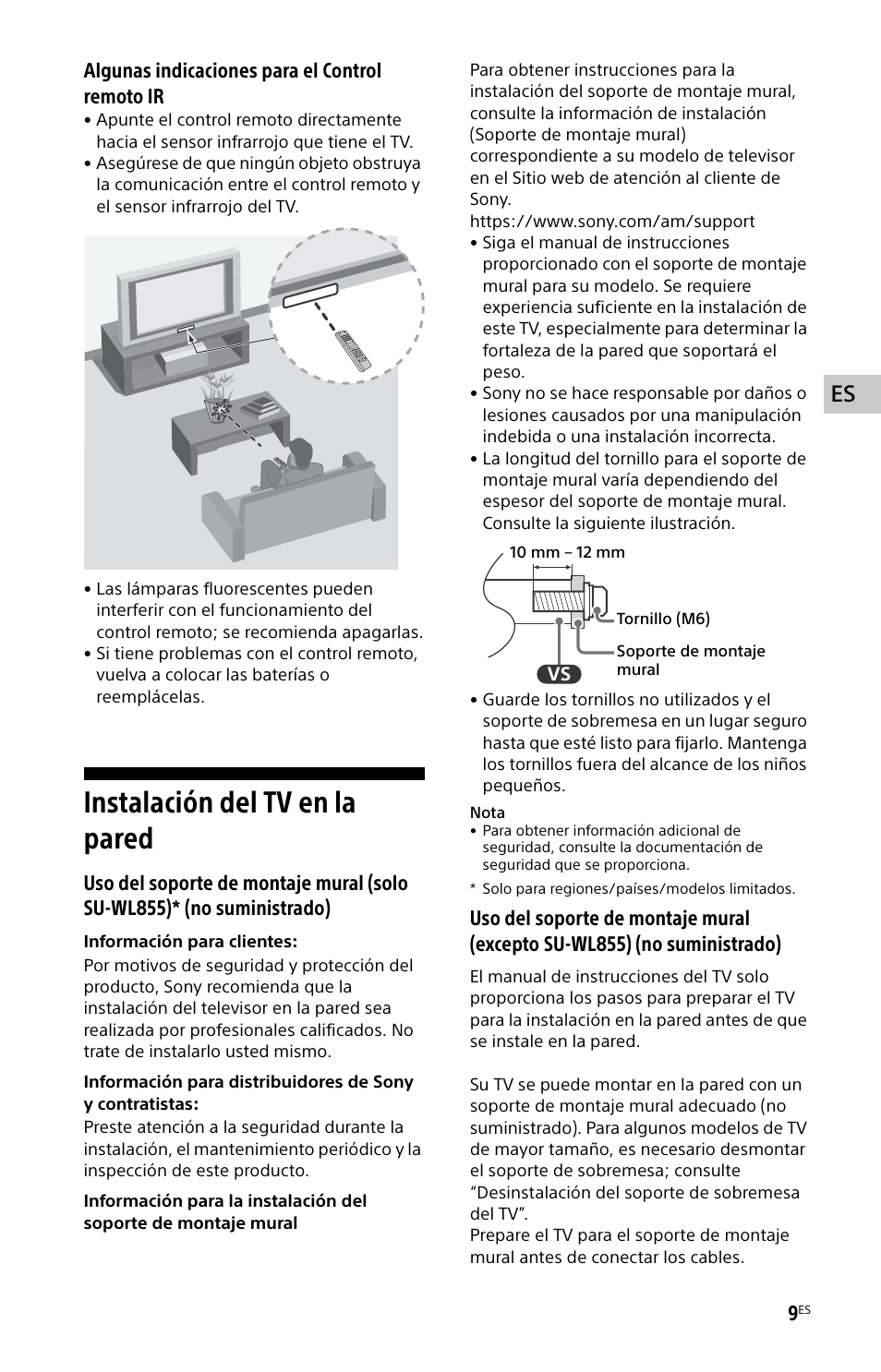 Instalación del tv en la pared, Algunas indicaciones para el control remoto ir | Sony BZ30L Series 65" UHD 4K HDR Commercial Monitor User Manual | Page 33 / 40