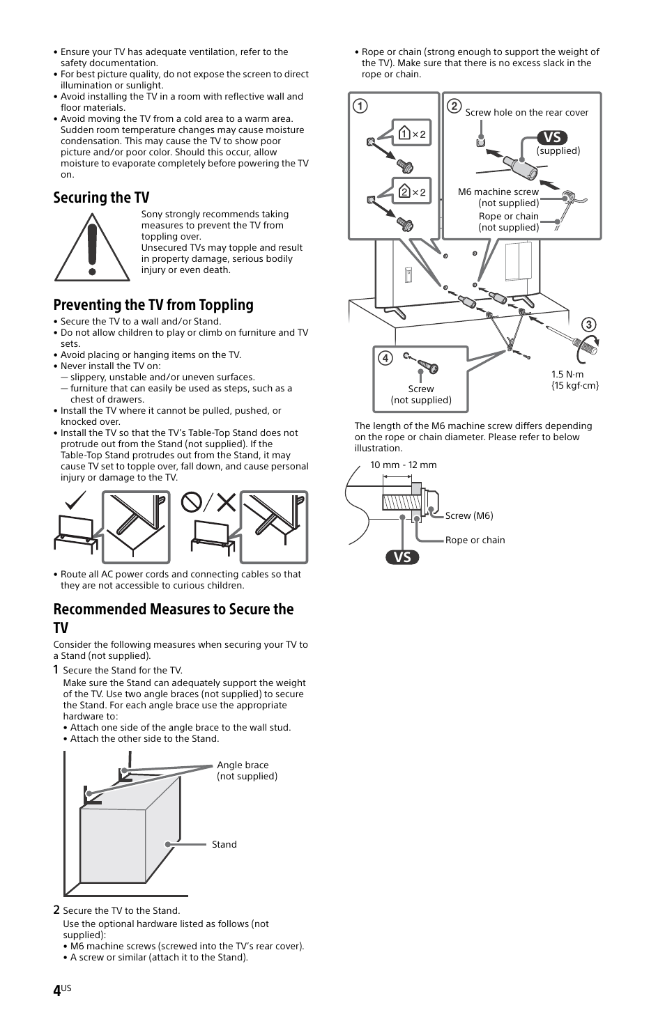 Securing the tv, Preventing the tv from toppling, Recommended measures to secure the tv | Sony BZ30L Series 65" UHD 4K HDR Commercial Monitor User Manual | Page 4 / 40