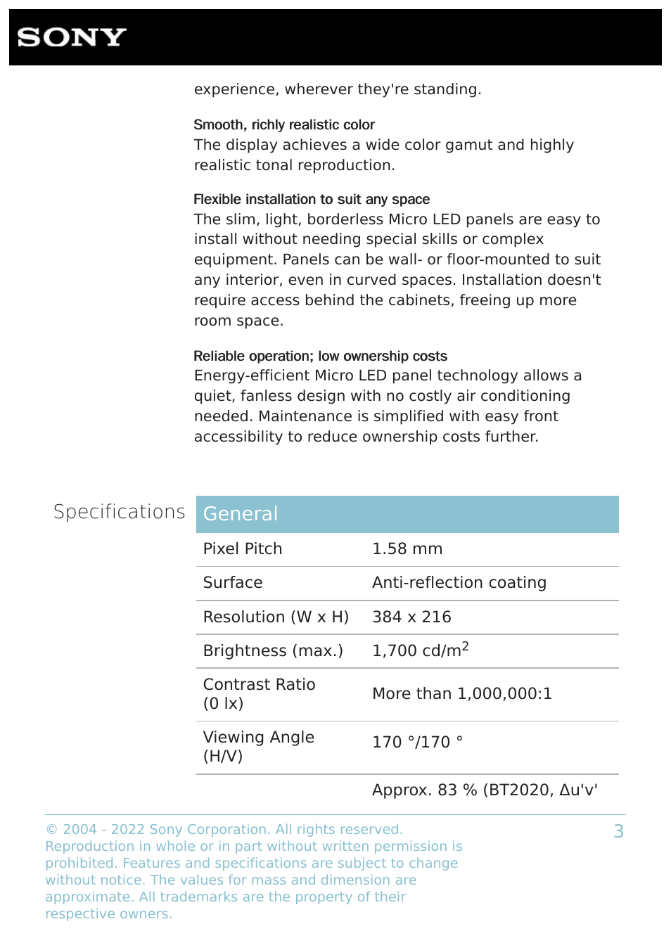Specifications general | Sony BZ40L Series 65" UHD 4K HDR Commercial Monitor User Manual | Page 3 / 6