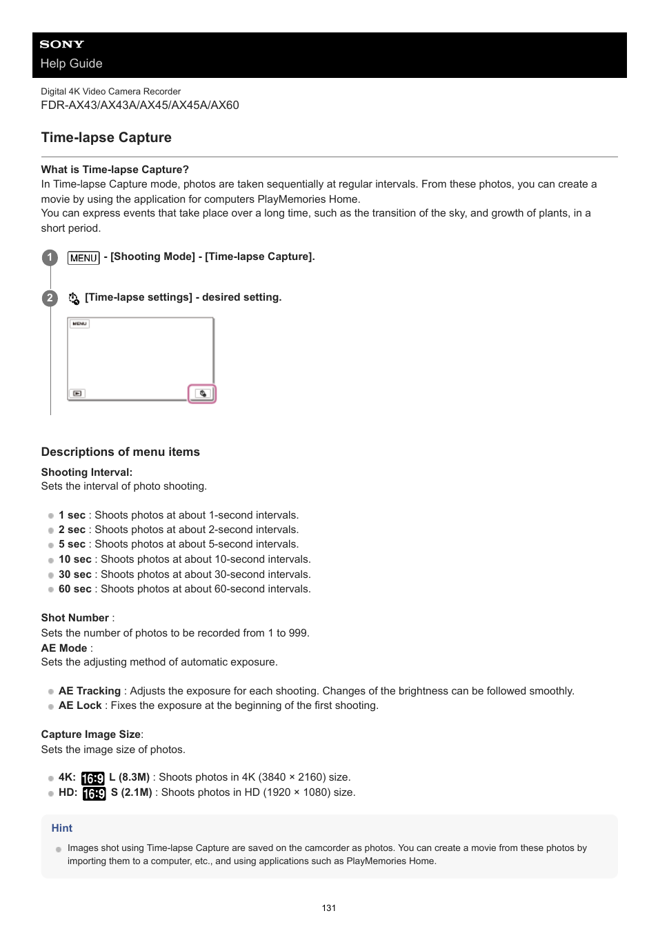Time-lapse capture | Sony BRAVIA BZ40J 100" Class 4K UHD HDR Commercial Monitor User Manual | Page 131 / 353