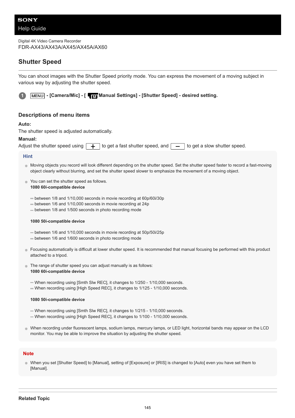 Shutter speed, Help guide | Sony BRAVIA BZ40J 100" Class 4K UHD HDR Commercial Monitor User Manual | Page 145 / 353