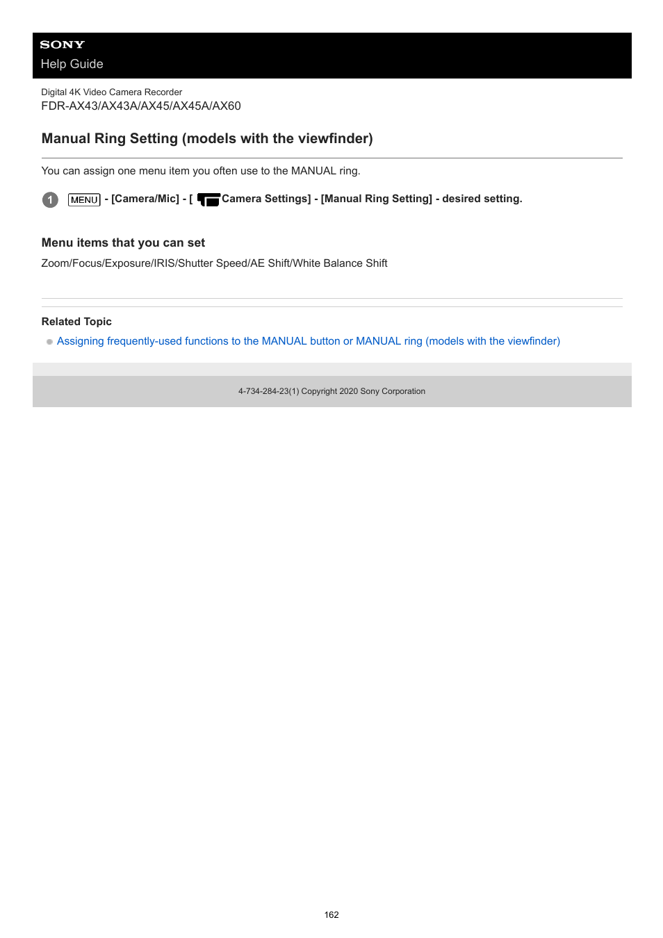 Manual ring setting (models with the viewfinder) | Sony BRAVIA BZ40J 100" Class 4K UHD HDR Commercial Monitor User Manual | Page 162 / 353