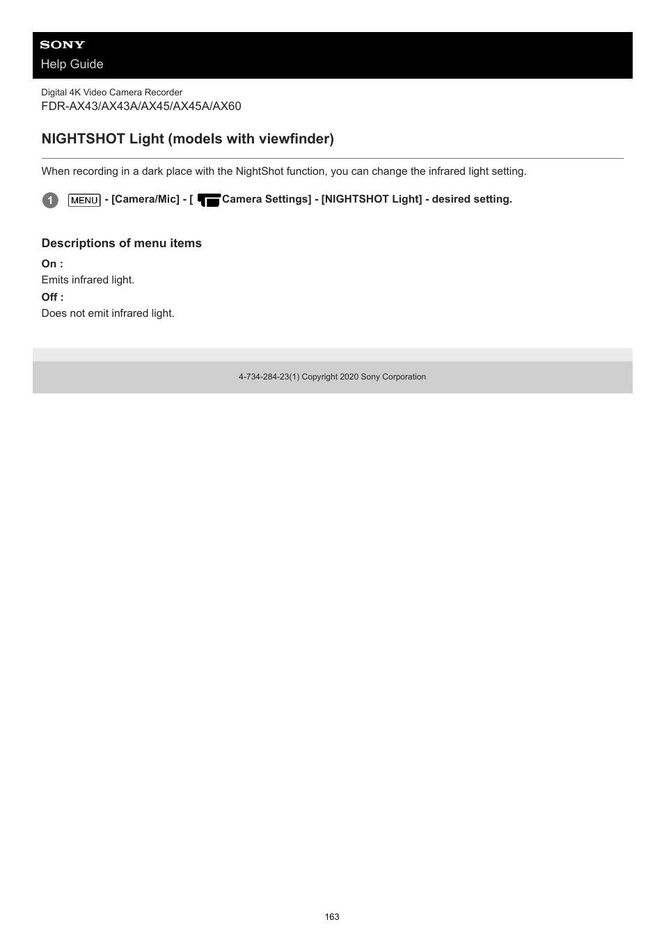 Nightshot light (models with viewfinder) | Sony BRAVIA BZ40J 100" Class 4K UHD HDR Commercial Monitor User Manual | Page 163 / 353