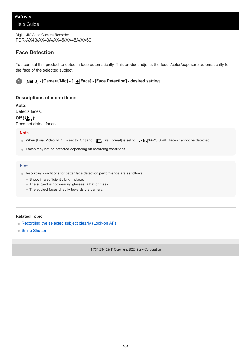 Face detection | Sony BRAVIA BZ40J 100" Class 4K UHD HDR Commercial Monitor User Manual | Page 164 / 353