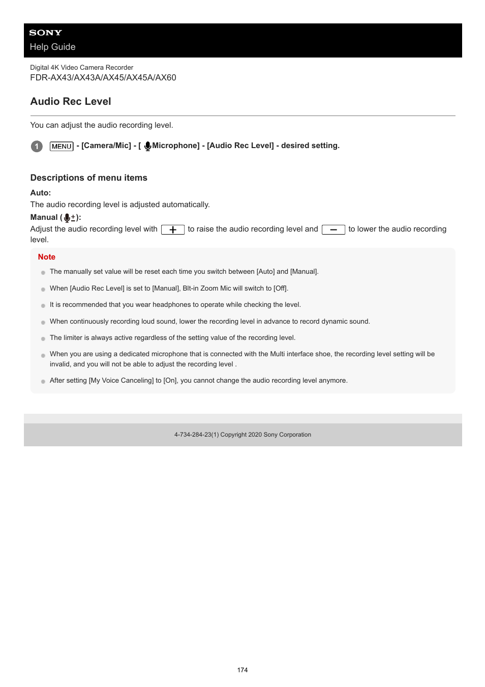 Audio rec level | Sony BRAVIA BZ40J 100" Class 4K UHD HDR Commercial Monitor User Manual | Page 174 / 353